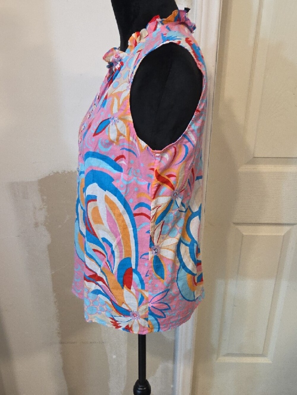 Talbots Pink Floral-Print Ruffle Henley Camisole Sleeveless Button Summer Light - Picture 3 of 8